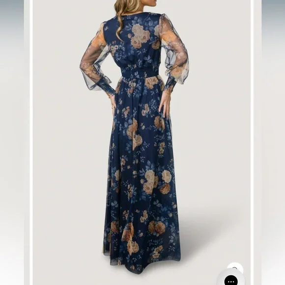 Baltic Born Layla Tulle Maxi Dress Blue + Golden Floral 2XL Long Sleeve New - Picture 2 of 9